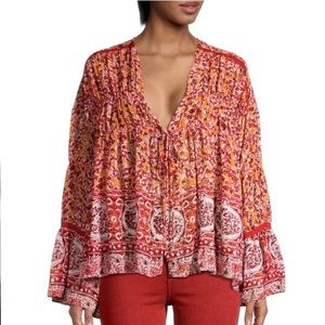 Free People Lorriane Boho Floral Print Tie Front Top